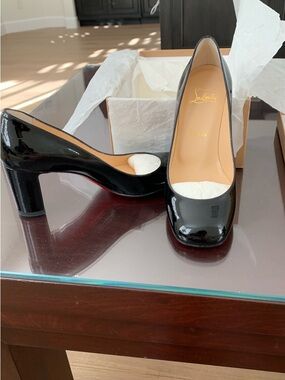 Christian Louboutin Black Patent Mid Block Heel Pumps with Red Sole